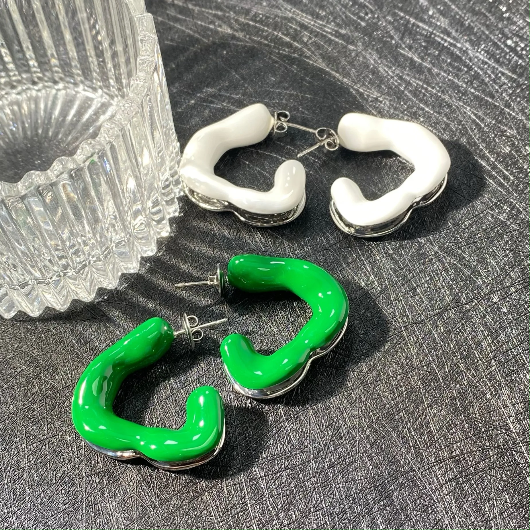 Brass Green White Enamel Irregular Triangle Hoop Earrings Women Jewelry Punk Designer Club Cocktail  Party Boho Japan Korean