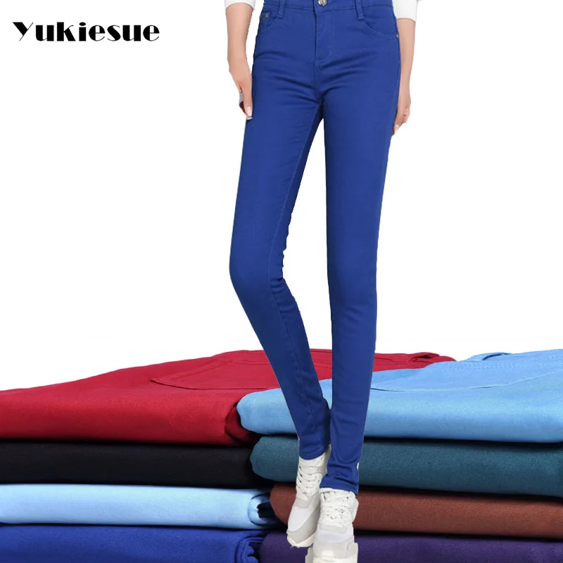 2022 winter warm jeans woman high waist candy color skinny slim denim pencil pants female jeans 25-34 jeans femme mujer