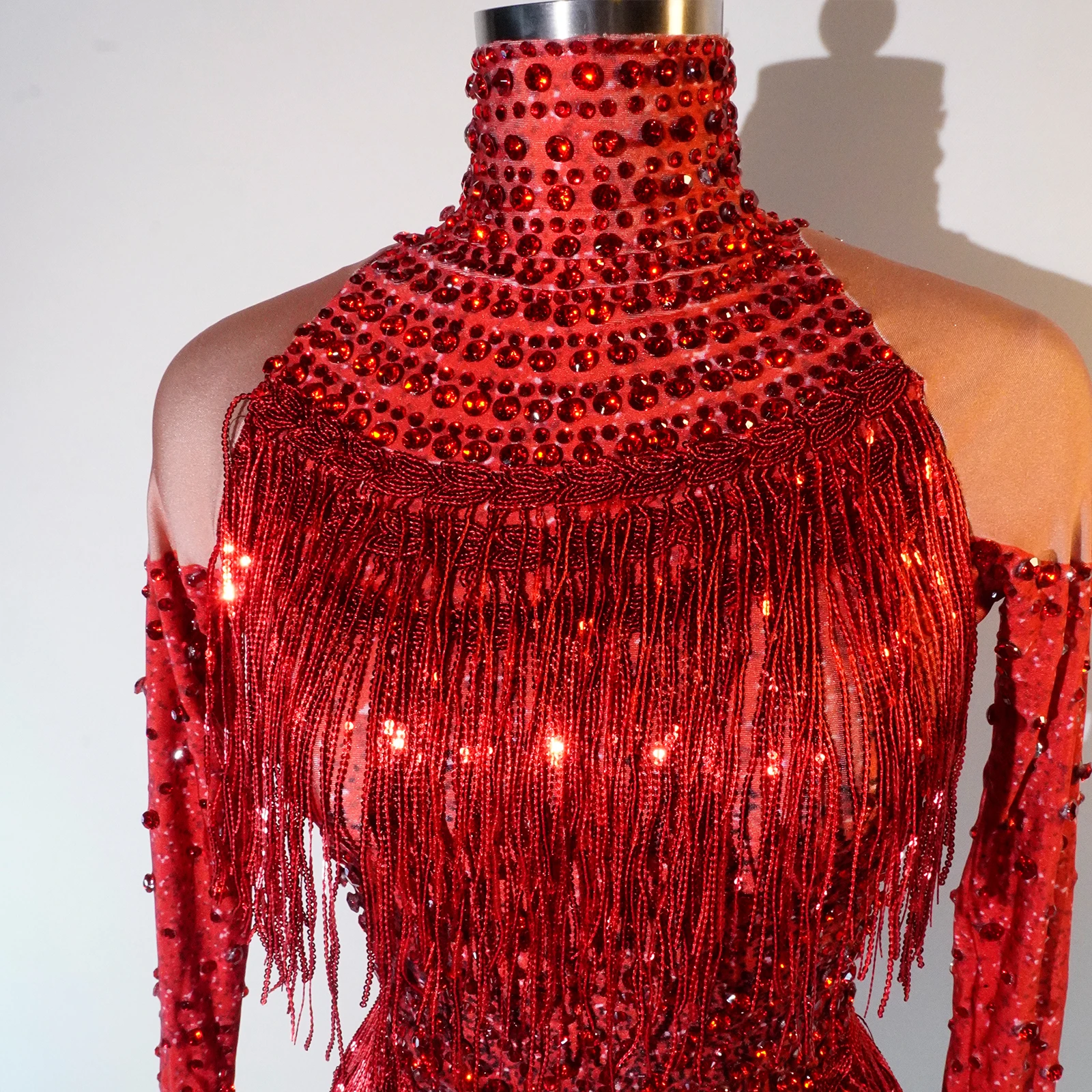 Cristal brilhante vermelho curto macacão manga longa bodysuit equipe collant boate baile de formatura palco drag queen traje cantor mostrar dança