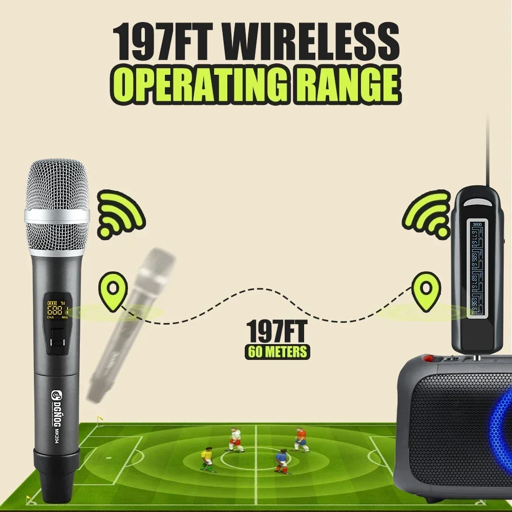 DGNOG UHF 4 Channel Wireless Microphone System with Rechargeable Receiver Cordless Handheld Mic for Karaoke Church Party Meeting