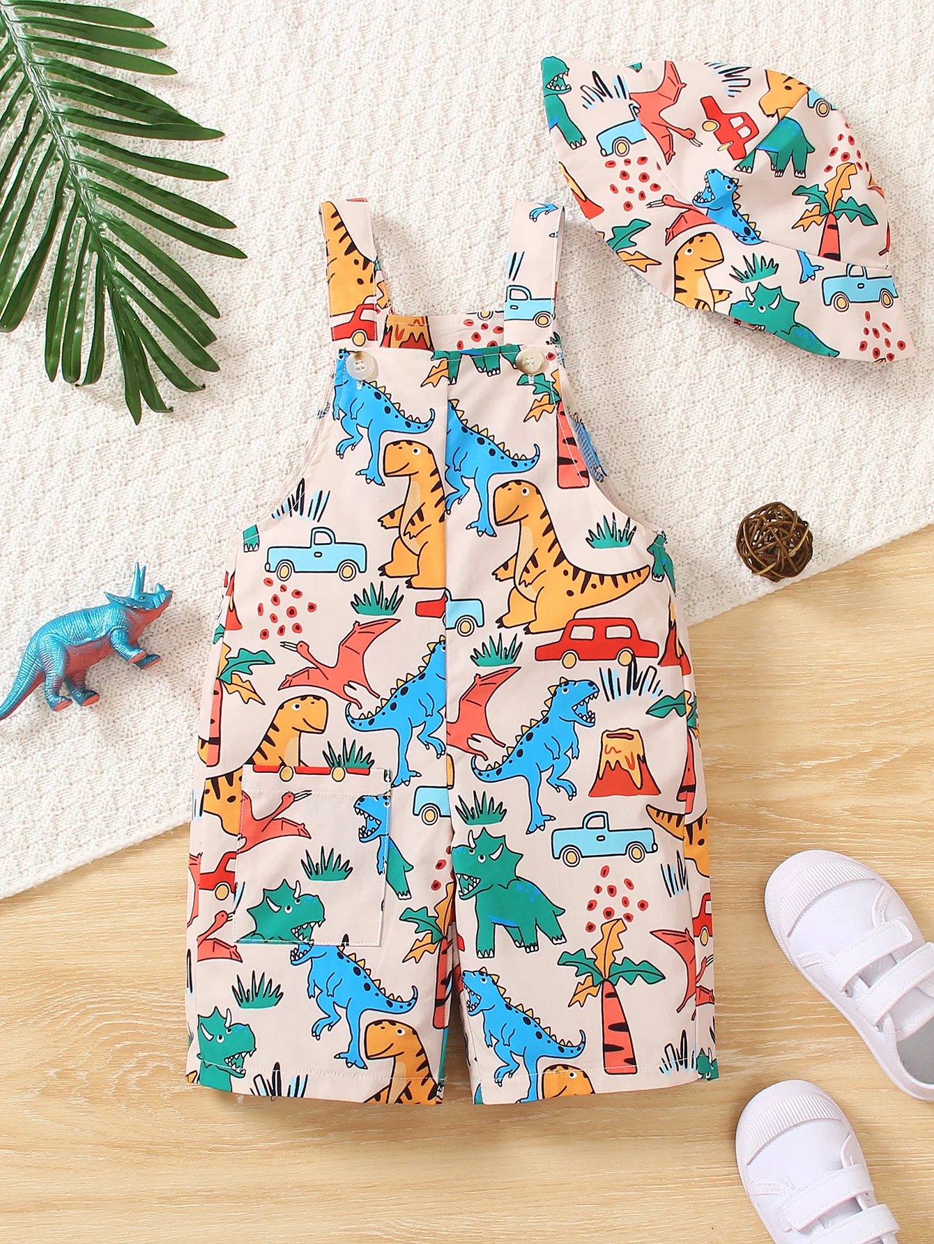 Plus A Cute Dinosaur Print Hat With Overalls Summer Boy Overalls Cute Casual Perfect For Outings Ages 1-6