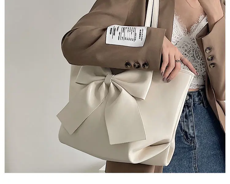 Bow High-Capacity Tote Bag Women PU Fashion Korean Simple Shoulder Bag Handbag Shopping Bags