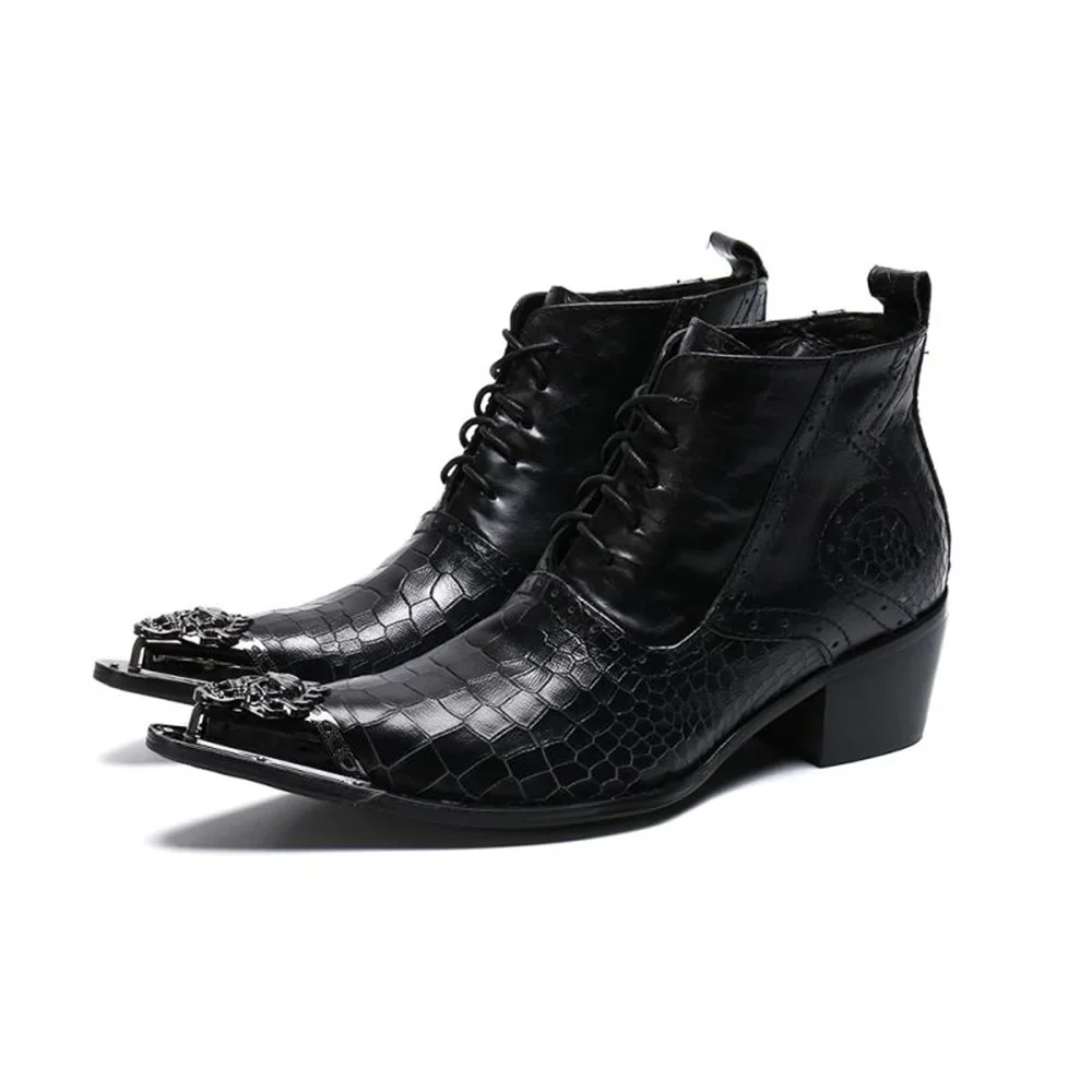 Black Lace-Up With Metal Genuine Leather High Heels Pointed Toe Boots Male Plus Size Fashion Party Business Cowboy Dress Shoes