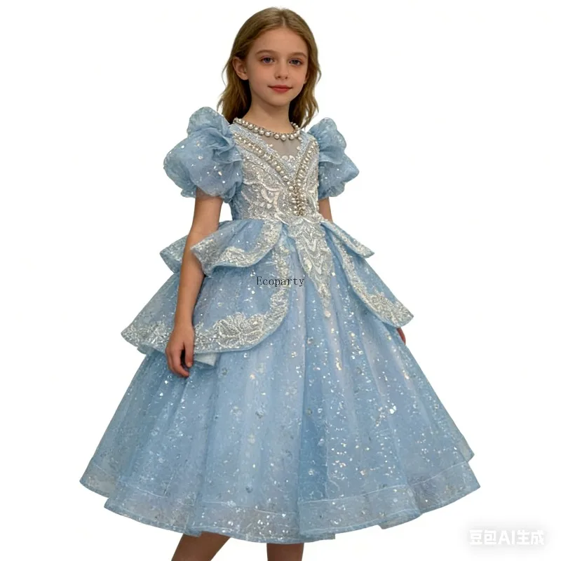

2025 Kids Dress Performance Outfit Girls Flower Girl Birthday Princess Dresses Sparkly Party Clothes Kids Sequin Puffy Gown Red