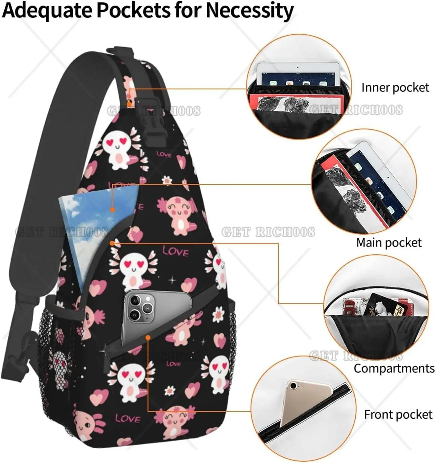 Cute Animal Axolotl Sling Bag Crossbody Backpack Hiking Travel Daypack Chest Bag Lekka torba na ramię dla kobiet mężczyzn na co dzień