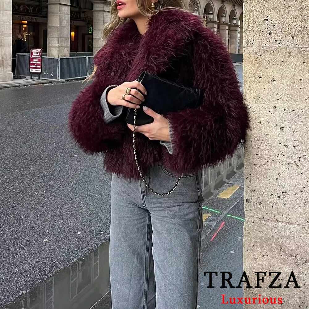 TRAFZA Casual Red Fur Jackets Women Long Sleeve V Neck Thick Autumn Winter Short Coats Fahsion 2024 Streetwear Warm Outwears