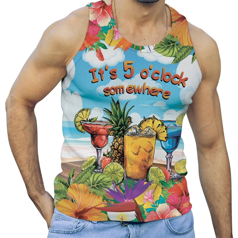 Margarita Cocktail Graphic Mens Tank Tops Summer Casual Sleeveless 3D Parrot Printed Undershirts Tank Loose Beach Vacation Vest