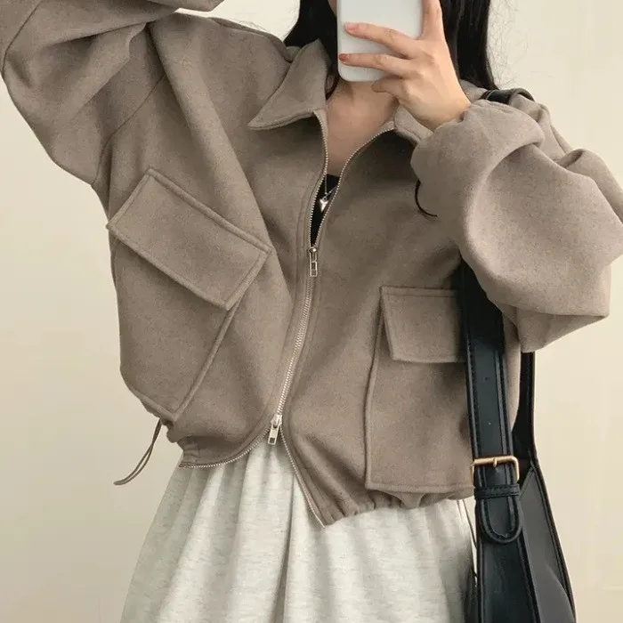 Abrigo elegante de otoño e invierno para mujer, corte holgado, cuello con cremallera, cordón en la cintura, detalle de fibra de poliéster, informal