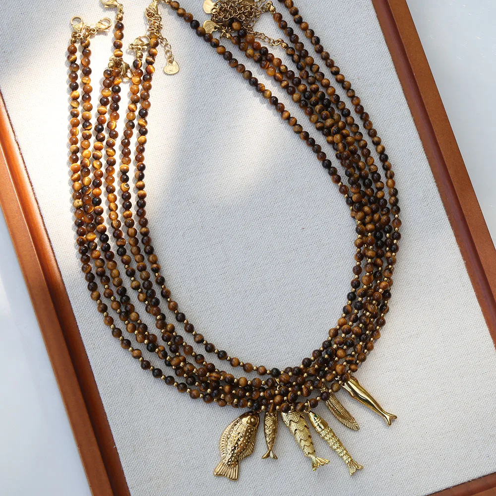 High quality natural tiger eye stone bead beads for autumn winter [A-level] necklace with stainless steel small fish accessories
