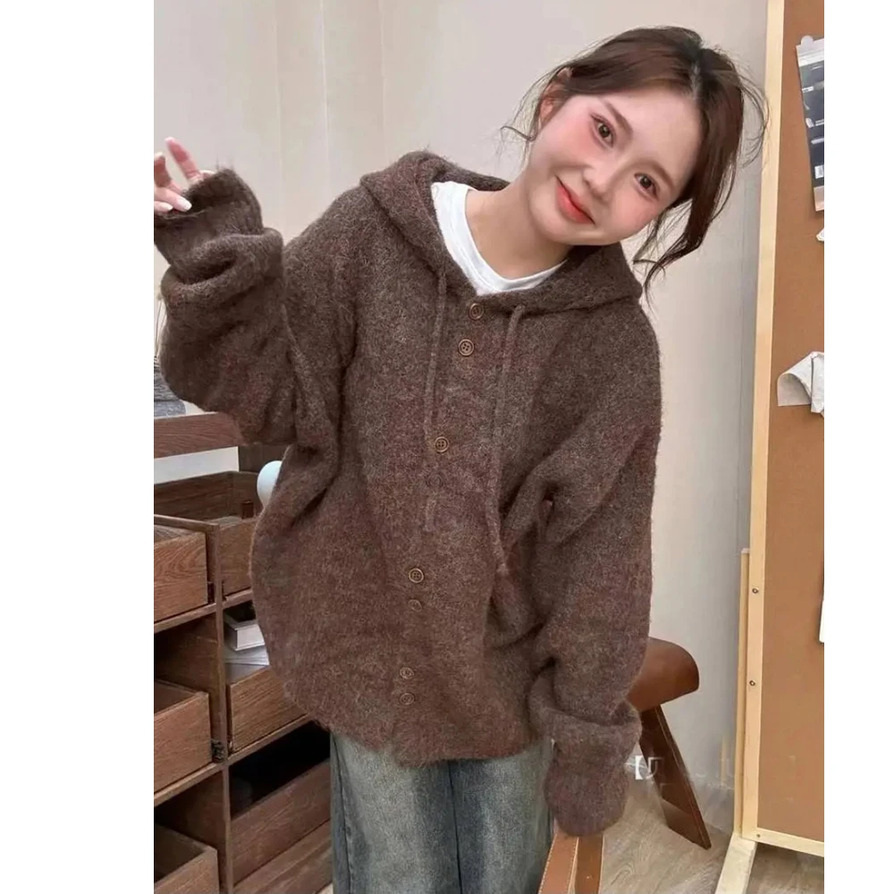 Korean Fashion Baggy Hooded Sweater Women 2024 Sweet Loose Pink Knitted Cardigan Female Fall Winter Soft Outwear Tops Coat New