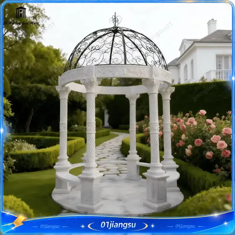 Custom Natural Marble Roman Gazebo Sculpture European Style Outdoor Garden Decor Villa Yard Statue Luxury Landscape Ornament