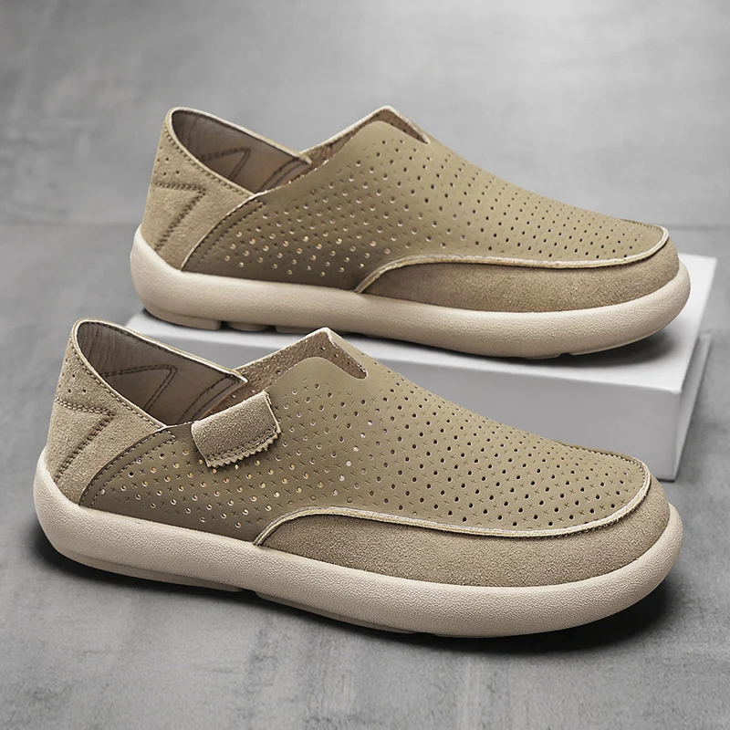

Hollow Out Summer Loafers Luxury Genuine Leather Mens Shoes Suede Male Casual Shoes Breathable Soft Driving Shoes Walking Shoes