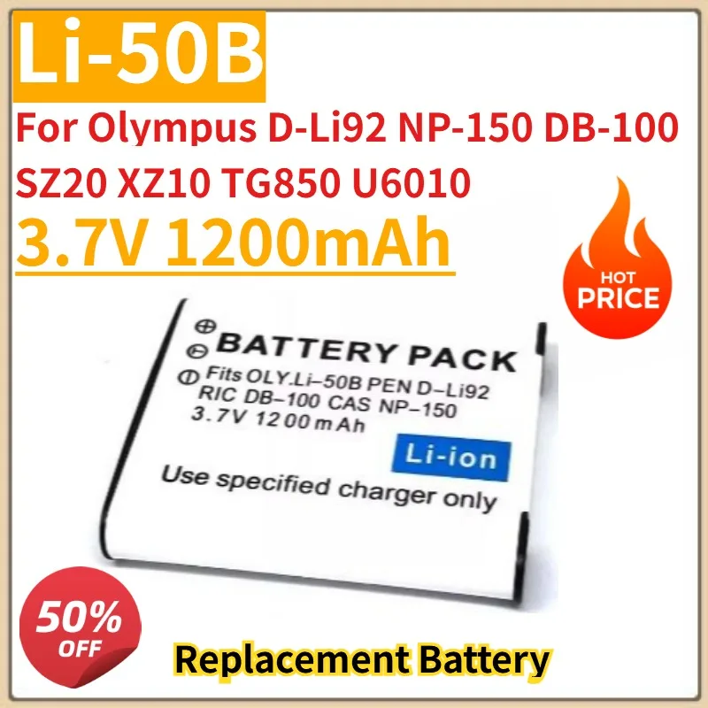 

High Quality New Li-50B Camera Battery 3.7V 1200mAh for Olympus D-Li92 NP-150 DB-100 SZ20 XZ10 TG850 U6010 with Charger