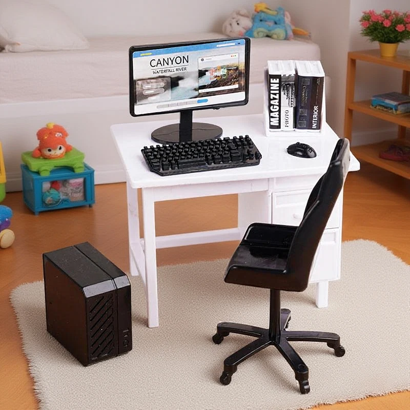 ชุดตกแต่งเฟอร์นิเจอร์สำหรับบ้านตุ๊กตา 1 ชุด 1/12 เก้าอี้โต๊ะคีย์บอร์ดคอมพิวเตอร์ขนาดเล็กในห้องอ่านหนังสือที่บ้าน