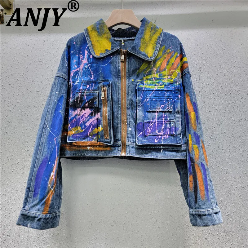 

ANJY, осенняя новая женская модная уличная одежда с граффити, короткая джинсовая куртка в стиле сафари, тонкое пальто в стиле панк с карманами на молнии, A14664