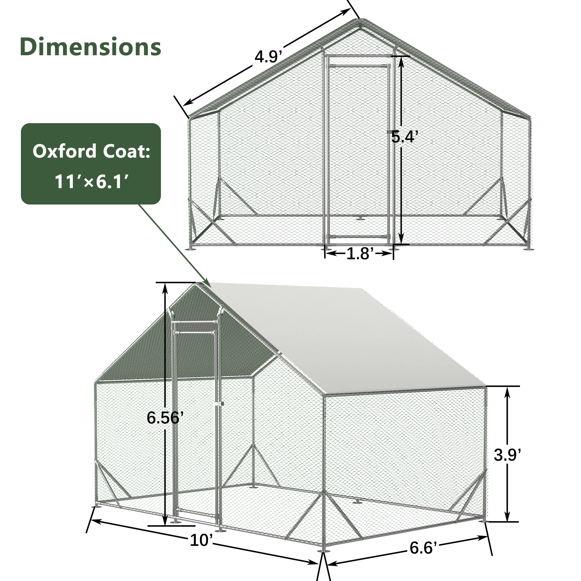 10x6.6x6.56ft Walk-in Poultry Cage for 5/10 Chickens Chicken Run Hen Rabbit Duck House with Waterproof Cover for Outdoor Farm