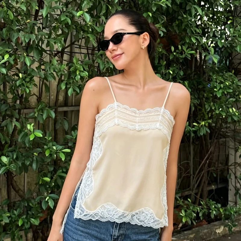 Lace Camisole Tops For Women Sexy Side Split Laced Tank Top Elegant Women's Tops Summer Vintage Y2K Slip Top Female Street Style