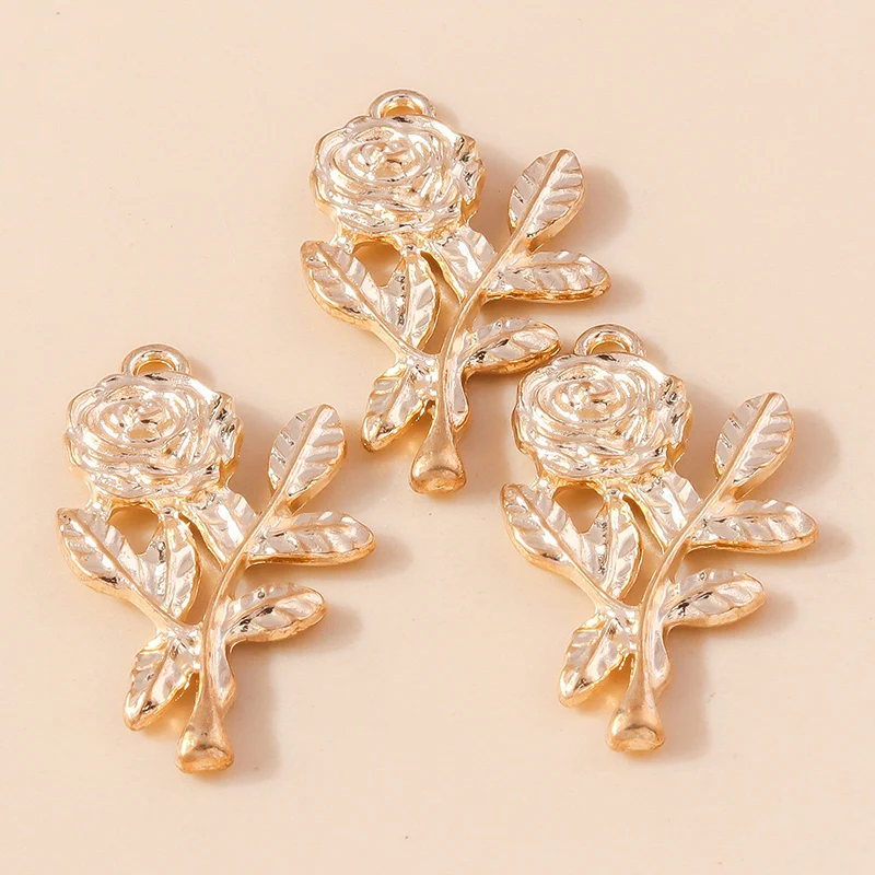 Leslie 10 Stück/Set Trendige Legierung Gold Silber Farbe Rosen-Blumen-Anhänger für Armbänder Halsketten DIY Handgemachtes Schmuckzubehör – Detail 4