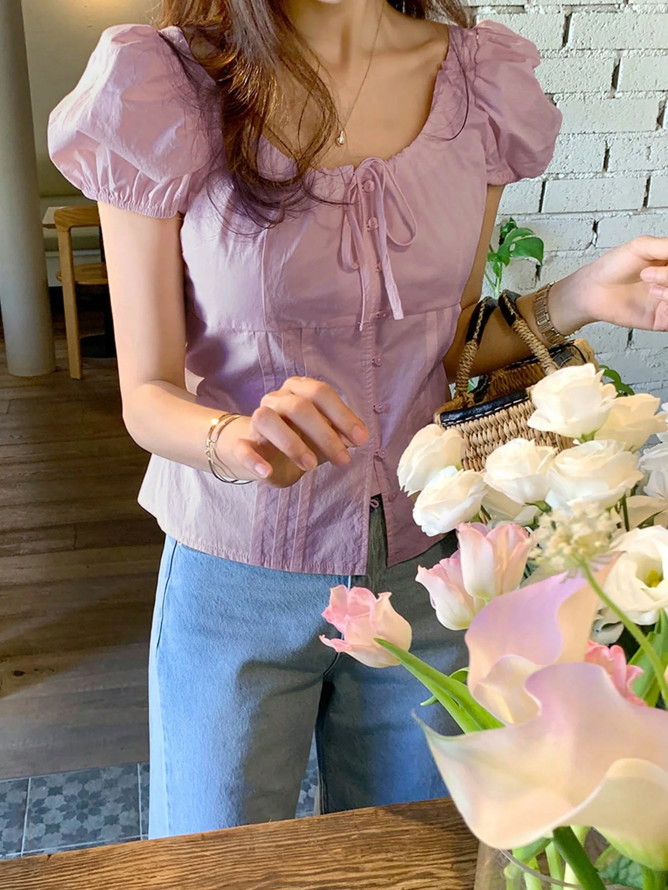 Sweet Purple Lace up Women's Top French Style Puff Sleeved Pink Blouse Lady Vintage Short Sleeved Top 2026 Summer Women Clothing