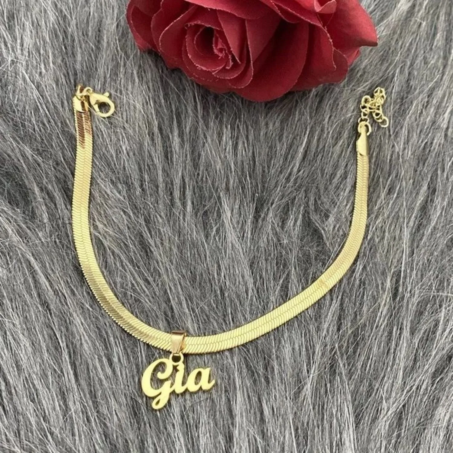 Personalized Gold Plated Herringbone Name Anklet Personalized Flat Snake Chain Stainless Steel Anklets Gift for Bestfriend
