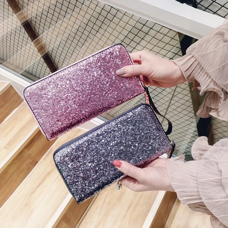 

European American Style Leather Wallet Women Glitter Sequin Wallets Fashion New Money Purse Solid Color Credit Card Bags