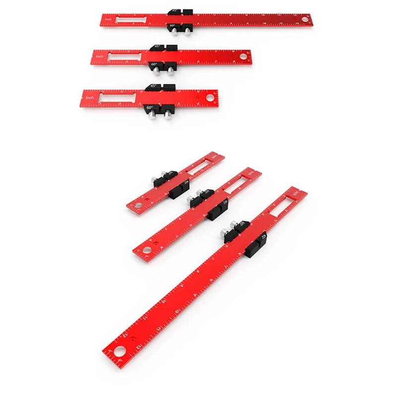 3Pcs Woodworking Tools Ruler Pocket Ruler Layout Tool Precision Ruler With T-Track Slide Stops, Inch And Metric Scale