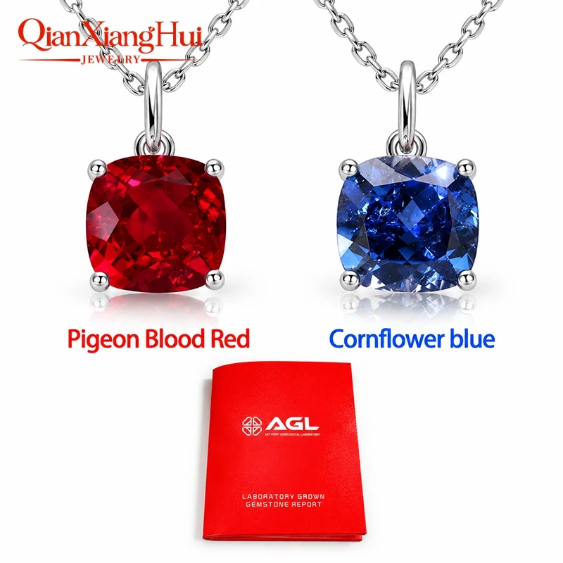 925 Silver 4ct 9*9mm Cushion Royal Blue/Cornflower Sapphire Pigeon Blood Red Ruby Inclusions Stone Jewelry for Pendant Necklace