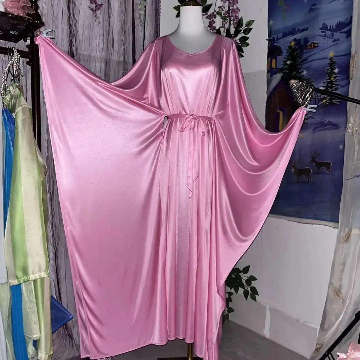 Long Sleeve Loose Night Dress Plus Size Sleeping Robe Glossy Sexy Women Satin Long Dress