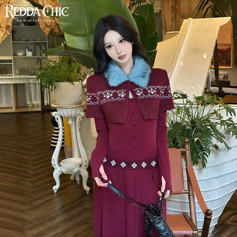 ReddaChic Fair Isle Knit Women Dress Two-piece Set Vintage Maxi Long Sleeve Dress Faux Fur Lapel Cardigan Fall Winter Clothes