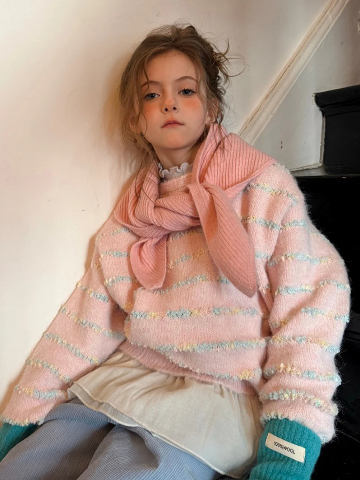 Girl's Striped Color Block Sweater – Sweet Pink Loose Fit Crew Neck Pullover, Cute Casual Knit Top
