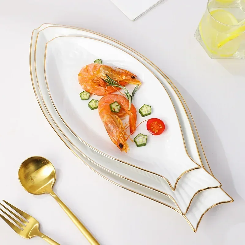 Steamed Fish Restaurant Home Kitchen Tableware Porcelain Fish Plates with Gold-rimmed Creative Fish-shaped Dinner Charger Plate
