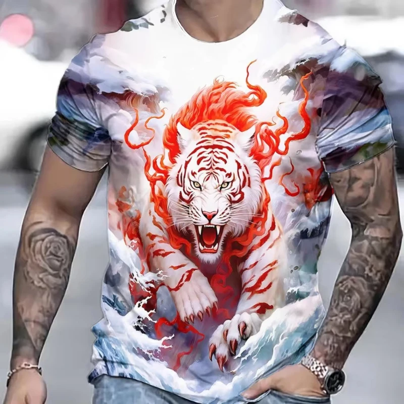 Fashion Tiger-pattern Children's T-shirt with 3D Animal Print, Men's Short-sleeved Summer Round-neck Casual Men's Clothing