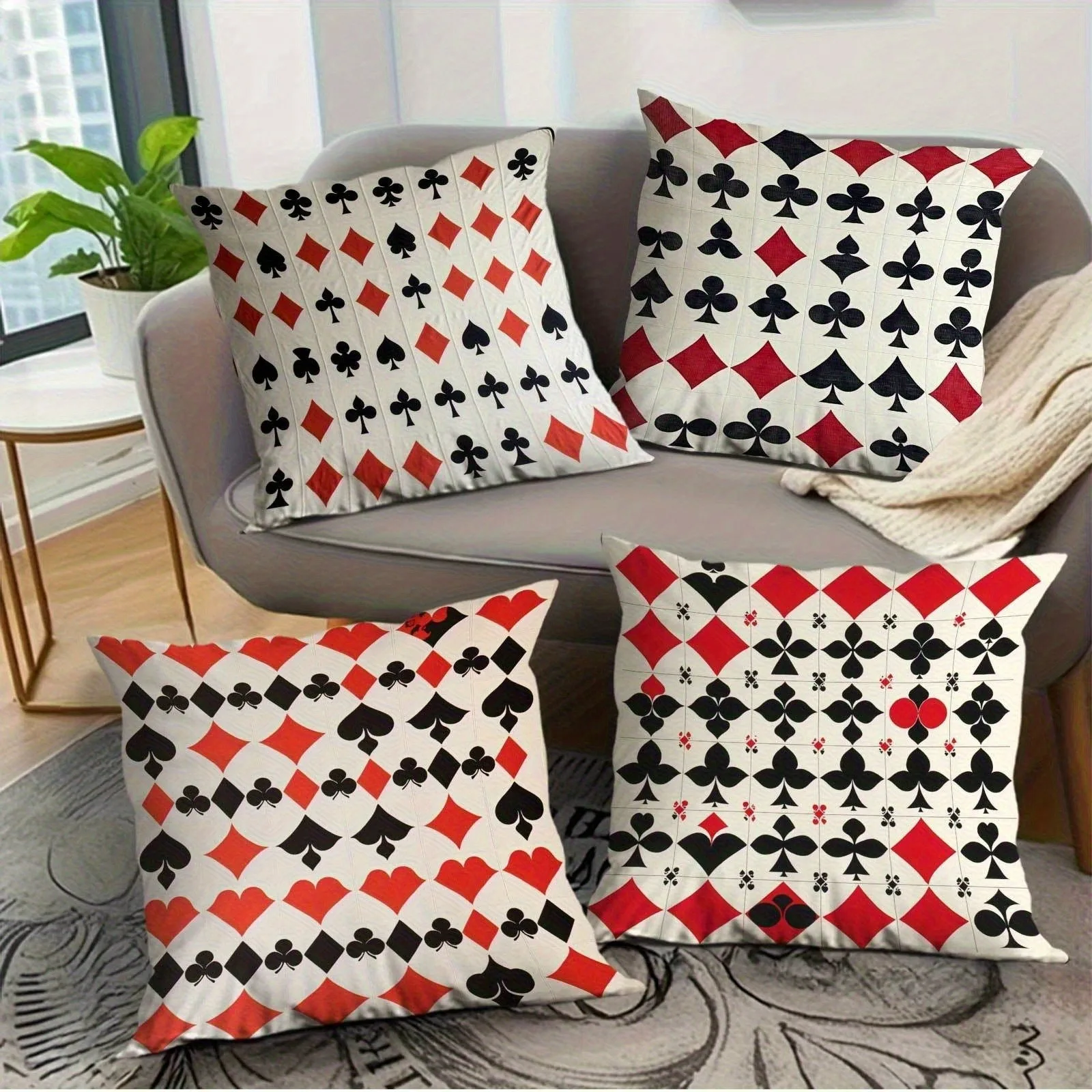 シックなポーカーパターンの枕カバー、スタイリッシュな装飾クッションカバー、ホームソファ、リビングルーム用