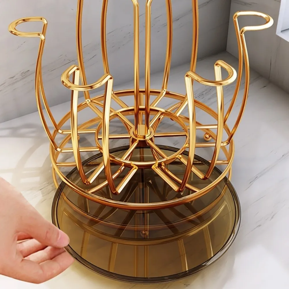 

Gold Cup Holder with Water Drain Tray Large Capacity 360° Rotation Mug&Cup Organizer Display Space Saving Glass Cup Storage Rack