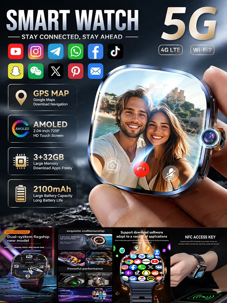 Neue Videoanruf WiFi 5G Original Smartwatch 32GB Speicher Social-Apps GPS Google Maps AMOLED 2100mAh Akku Herren Android Smartwatch