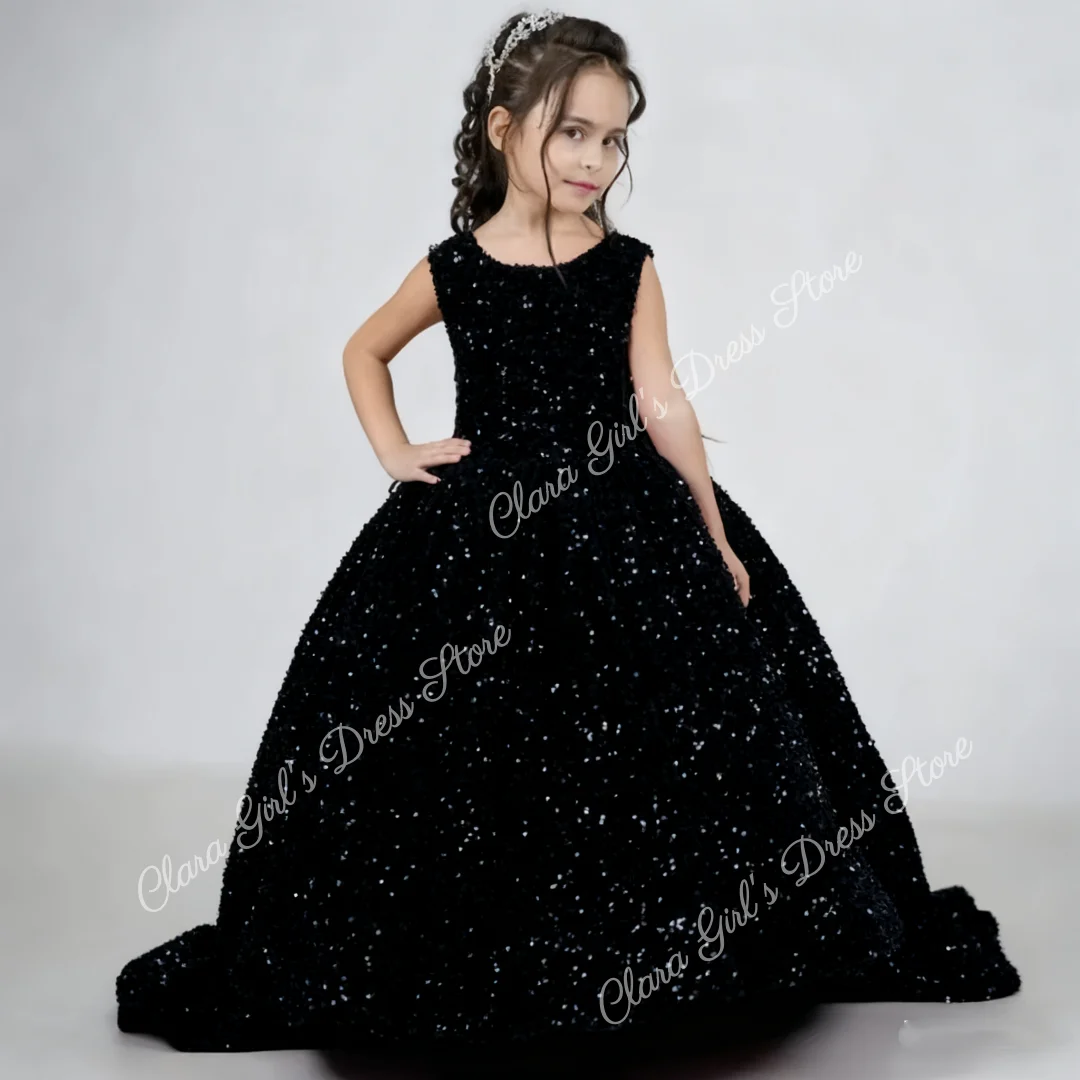 Shiny Flower Girl Wedding Dress Sleeveless Baby Toddler Birthday Dress with Bow First Communion Dress Customizable