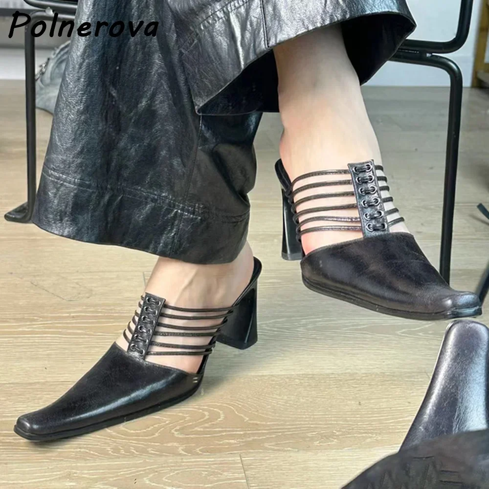 

Кожаные тапочки с узкими ремешками, летние туфли на массивном каблуке с квадратным носком, однотонная обувь в стиле ретро, уличная крутая обувь для девочек, 2025 г.