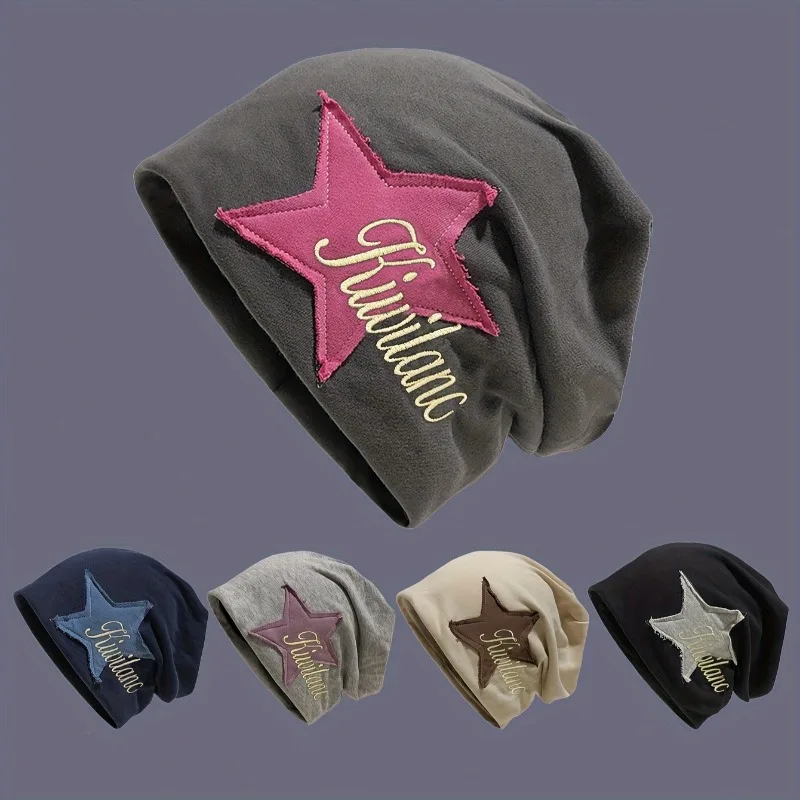 Y2K Star Patch Slouchy Beanie Hat Women Vintage Letter Embroidery Thin Skullcap Casual Streetwear Lazy Bonnet Hat for Daily Wear