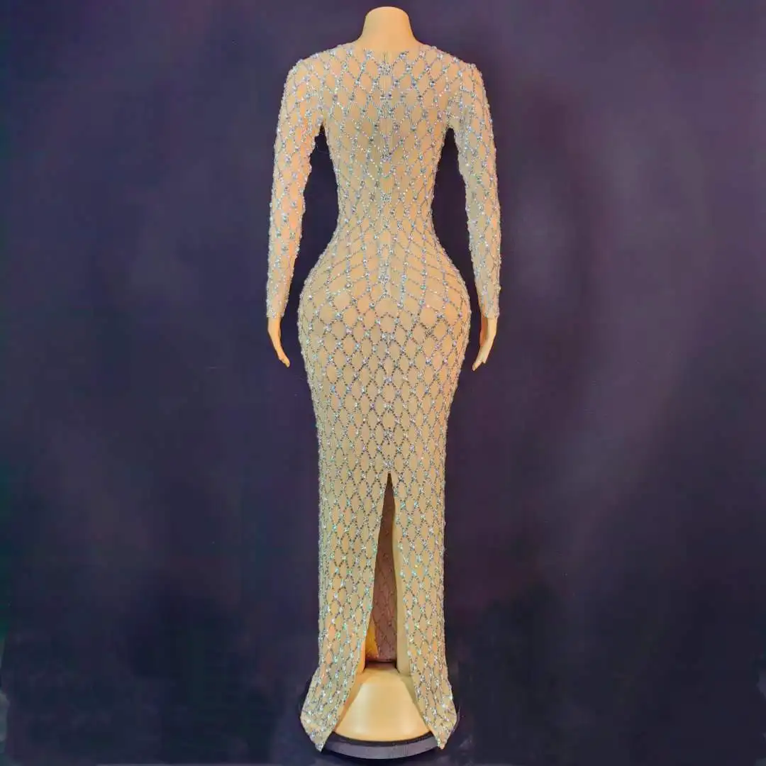 فستان نسائي طويل فاخر من حجر الراين الكريستالي لحفلات أعياد الميلاد والسهرات فستان طويل لأداء المغني الزي سحب الملكة