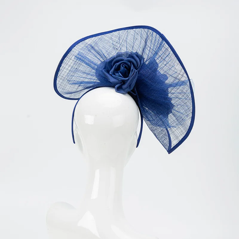 2023 Blue Sinamay Flower Fascinators Hat Women High End Handmade Rose Fascinator Hairbands Banquet Cocktail Church Hat Headpiece