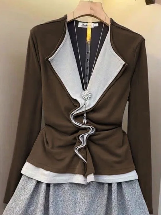 

Женская осенне-зимняя новая сложенная ложная двухсекционная термофутболка French Sle Slim Fit Long Sve V-Ne Base irt