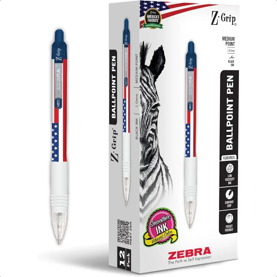 

ZGrip Retractable Ballpoint Pen 12Pack American Flag Barrel Black Ink Medium Point 1.0mm Soft Grip Stylish Patriotic Design Smo