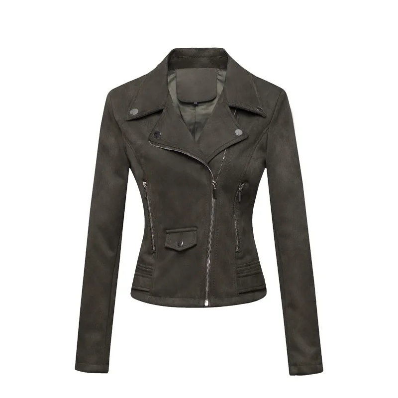 Autunno 2023 giacca in finta pelle scamosciata marrone nera per donna manica lunga colletto dentellato Zipper Up capispalla Casual Slim Moto Biker Coat