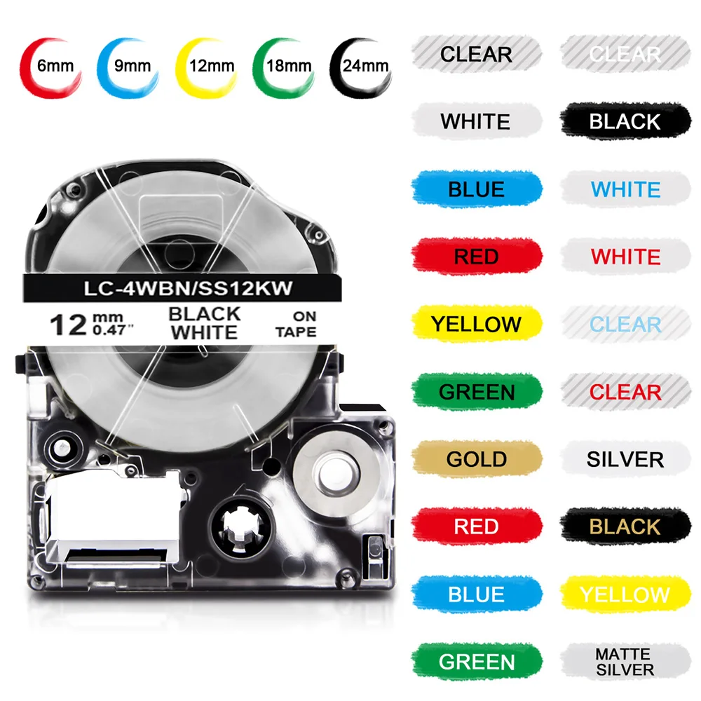 6/9/12/18/24mm uyumlu Epson etiket kartuşu SS12KW etiket yazıcı için LC-4WBN Epson etiket LW-400 LW-600P LW-500 LW-900