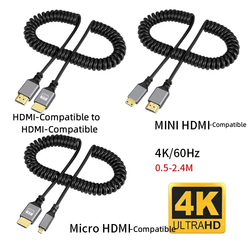 Cable de extensión en espiral Flexible para HDT, 4K @ 60HZ, 0,5-2,4 M, HDMI, Compatible con HD/MINI HD/ Micro HD/Cable de enchufe macho a macho