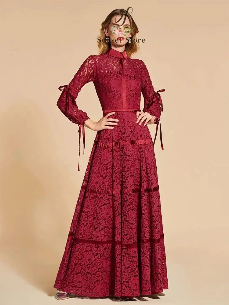 Customized Elegant Red Hight-Neck Floor-Length A-Line Long-Sleeved Ruched Woman Lace Mother of the Bride Groom Dresses Formal Go