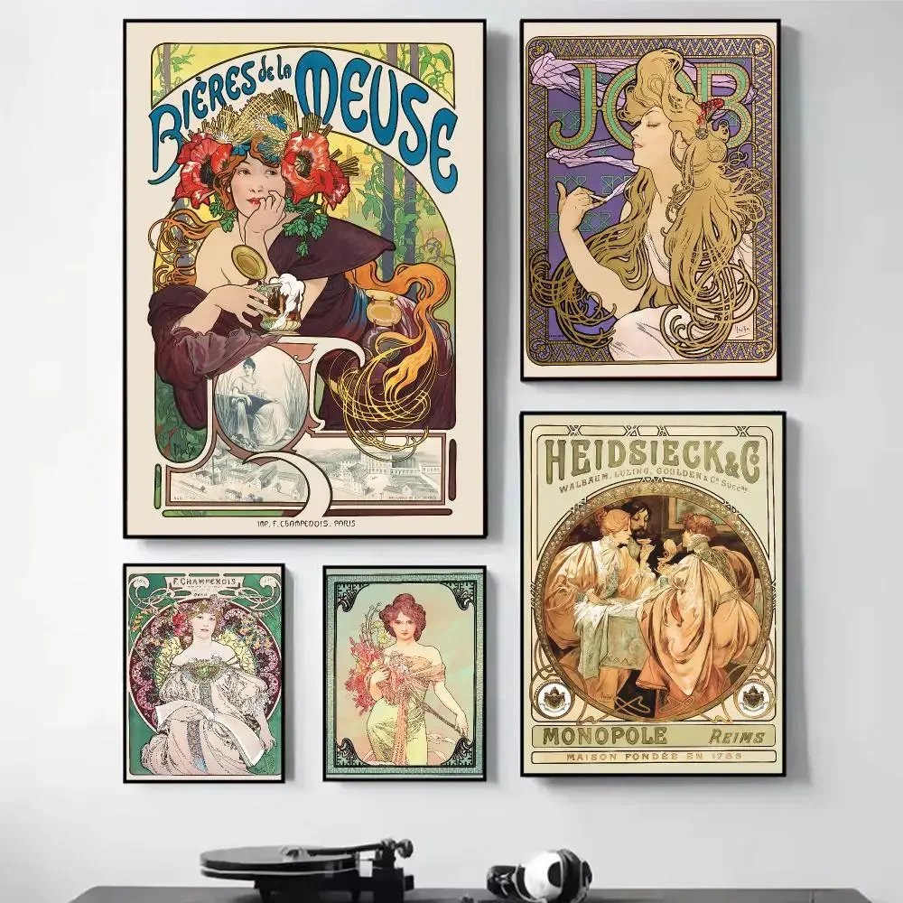 A-Alphonse Mucha Illustration Painting Calligraphy Self Adhesive Wall Art Waterproof Print For Bedroom Hallway Home Decor