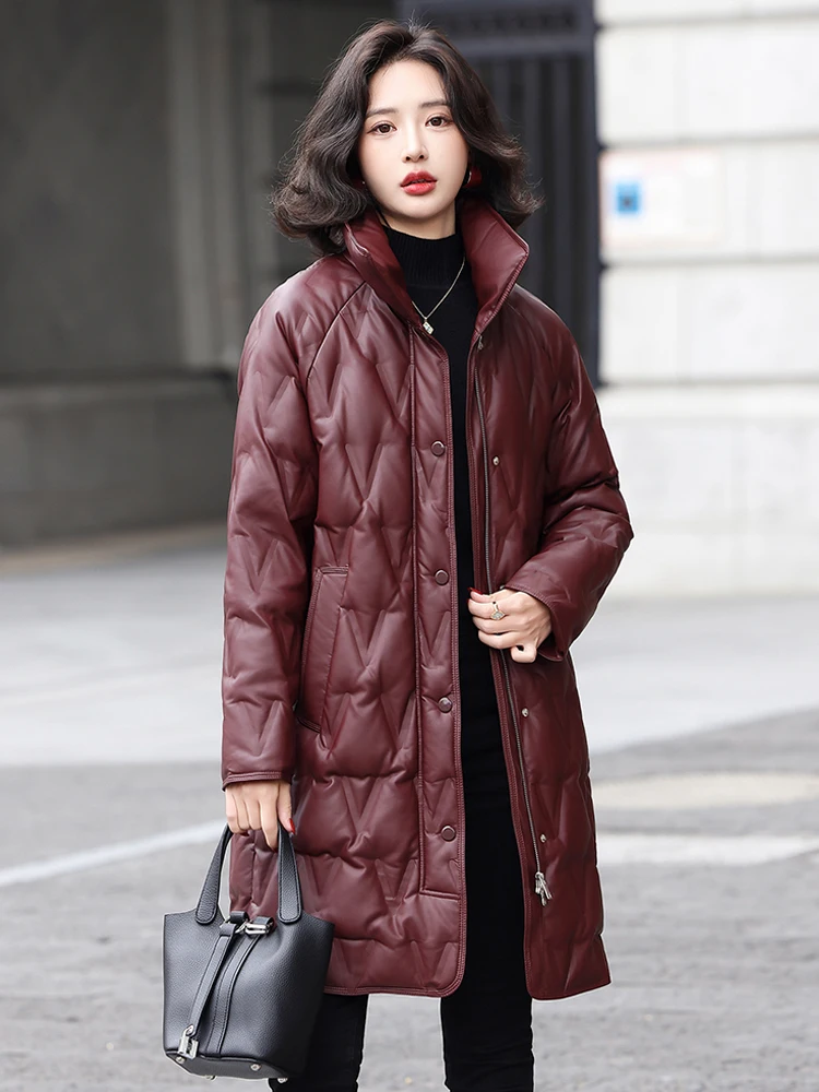 

Winter Thiened Genuine Leather down Jaet Women's Loose Casual eepskin Mid-Length Elely Filled White Du Feather Ou...