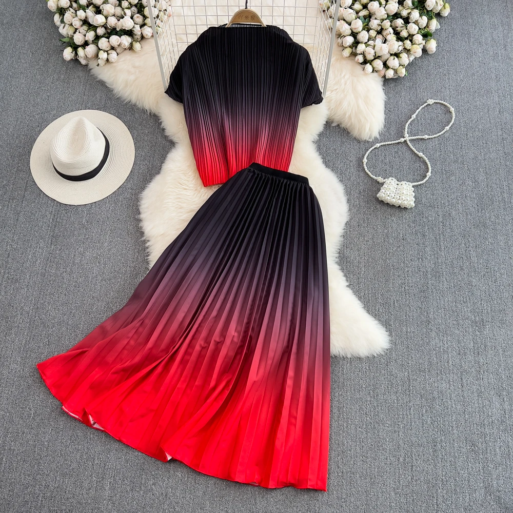 ALPHALMODA 2023 Gradual Color Changing Short-sleeved Top High Waist Pleated Skirt Women 2pcs Vintage Set