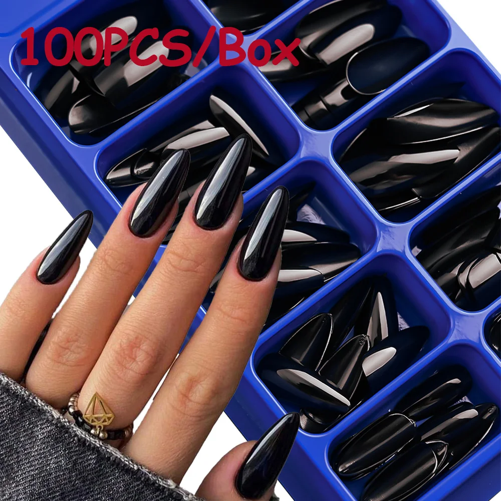 100Pcs Handmade Press on Nails Black French AlmondSolid ColorMid-length Artificial Fake Nail Sexy Cute Manicure Nail For Women